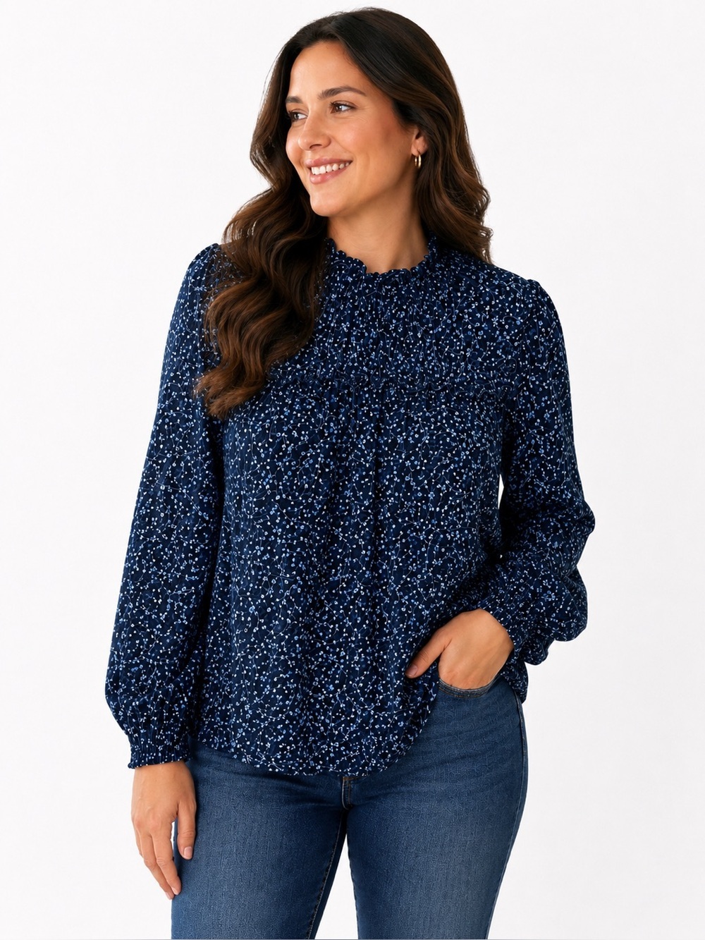 a.n.a Navy Floral Smocked Yoke Long-Sleeve Blouse
